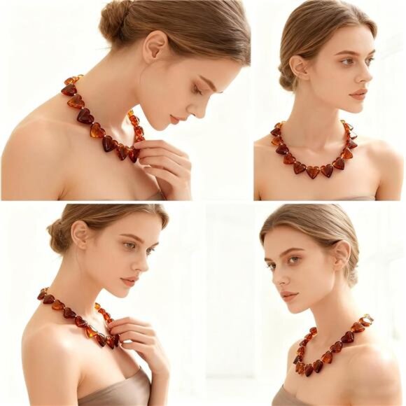 🧡 Chic Amber Heart Beaded Necklace – Tortoise Pattern Hearts - Picture 5 of 6